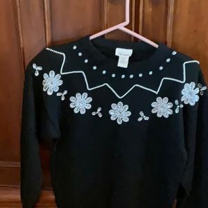 Vintage Gorgeous Beaded Snowflakes Sweater, Mister Noah, Black w White w Tags